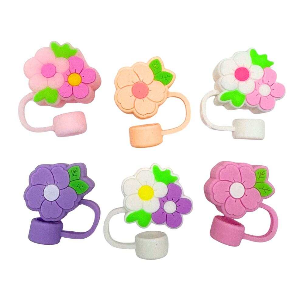Floral Silicone Straw Cover Toppers 6 Piece Set 10mm Straws Pastel Flowers Girly